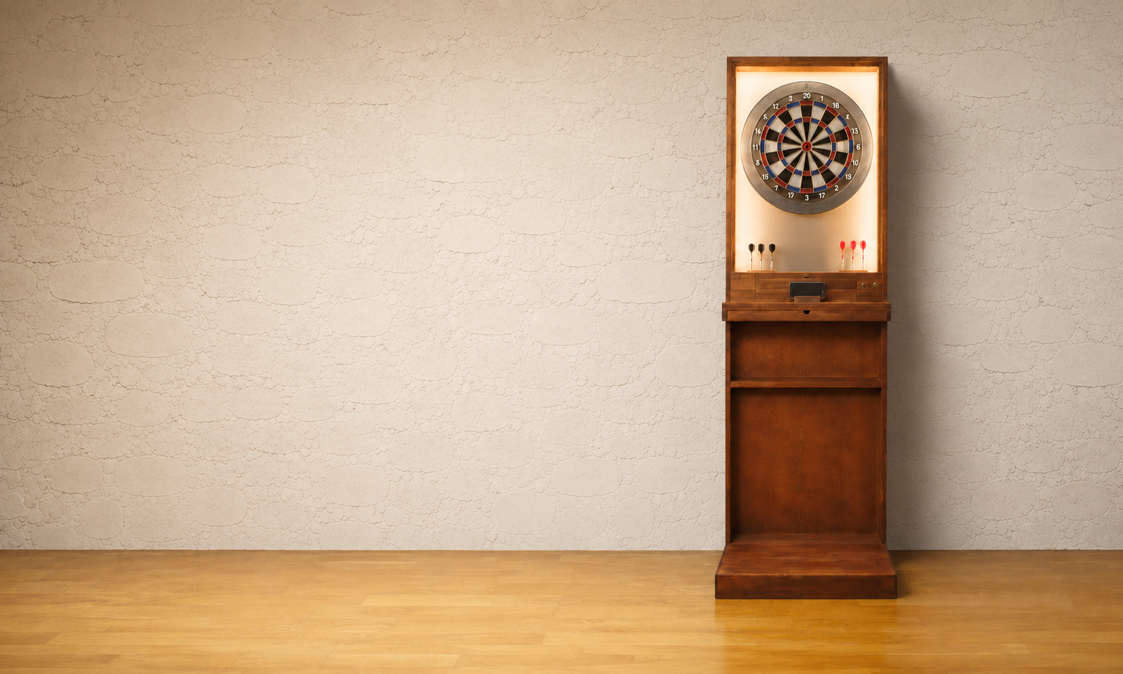 空間に余白を持たせて設置されたDARTS NEST 木製ダーツスタンド